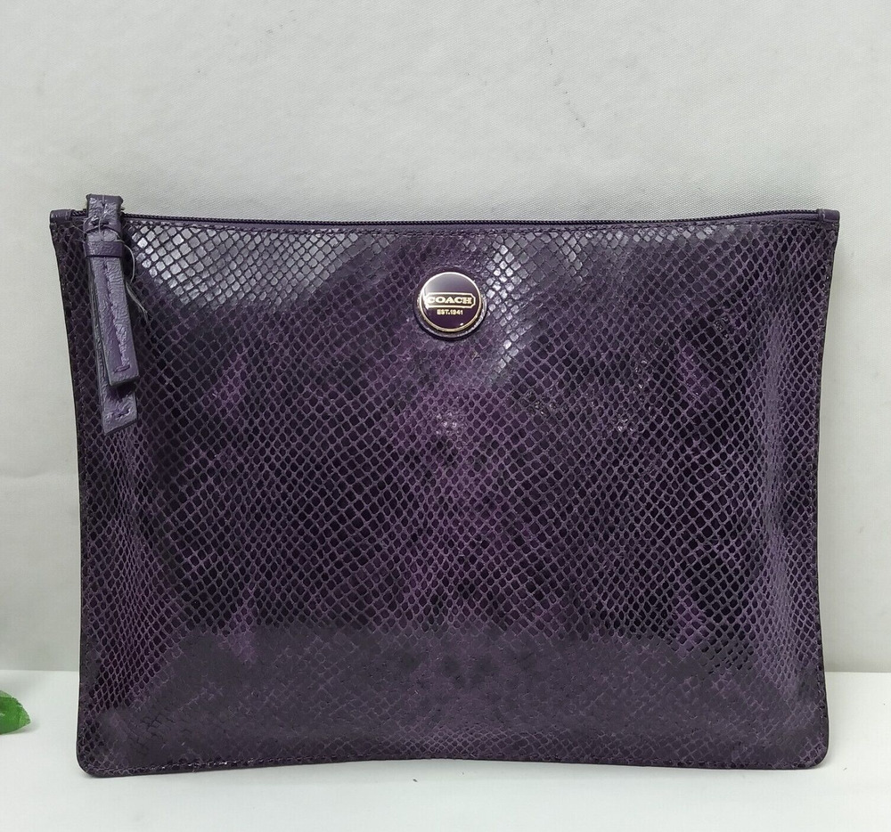 Coach Purple Leather Python Embossed Zipper Closure Clutch Pouch Wallet